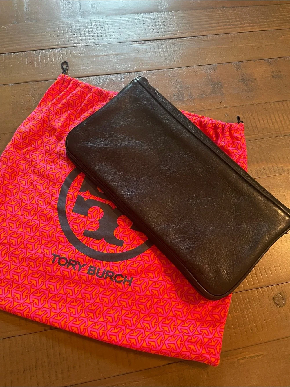 Like New Tory Burch Black Leather Clutch/Shoulder Bag with Gold Logo Accent